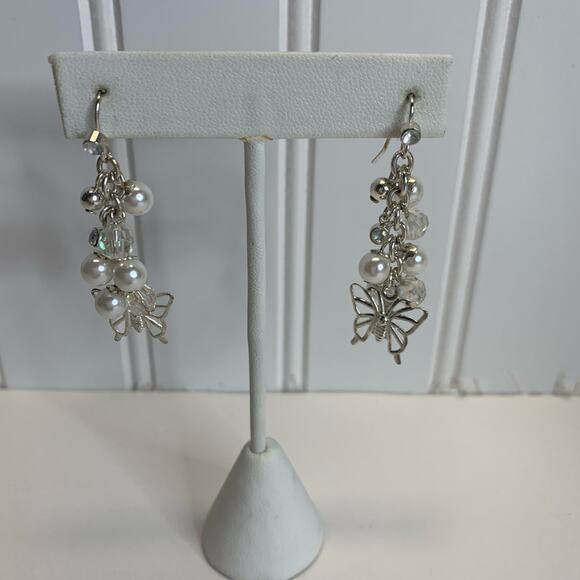 Butterfly Silver Pearl Crystal Bead Dangle Earrings 1 3/4" - Picture 1 of 4